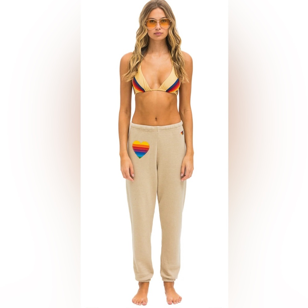 NWT Aviator Nation Rainbow Heart Stitch Sweatpants Sand Size Medium
